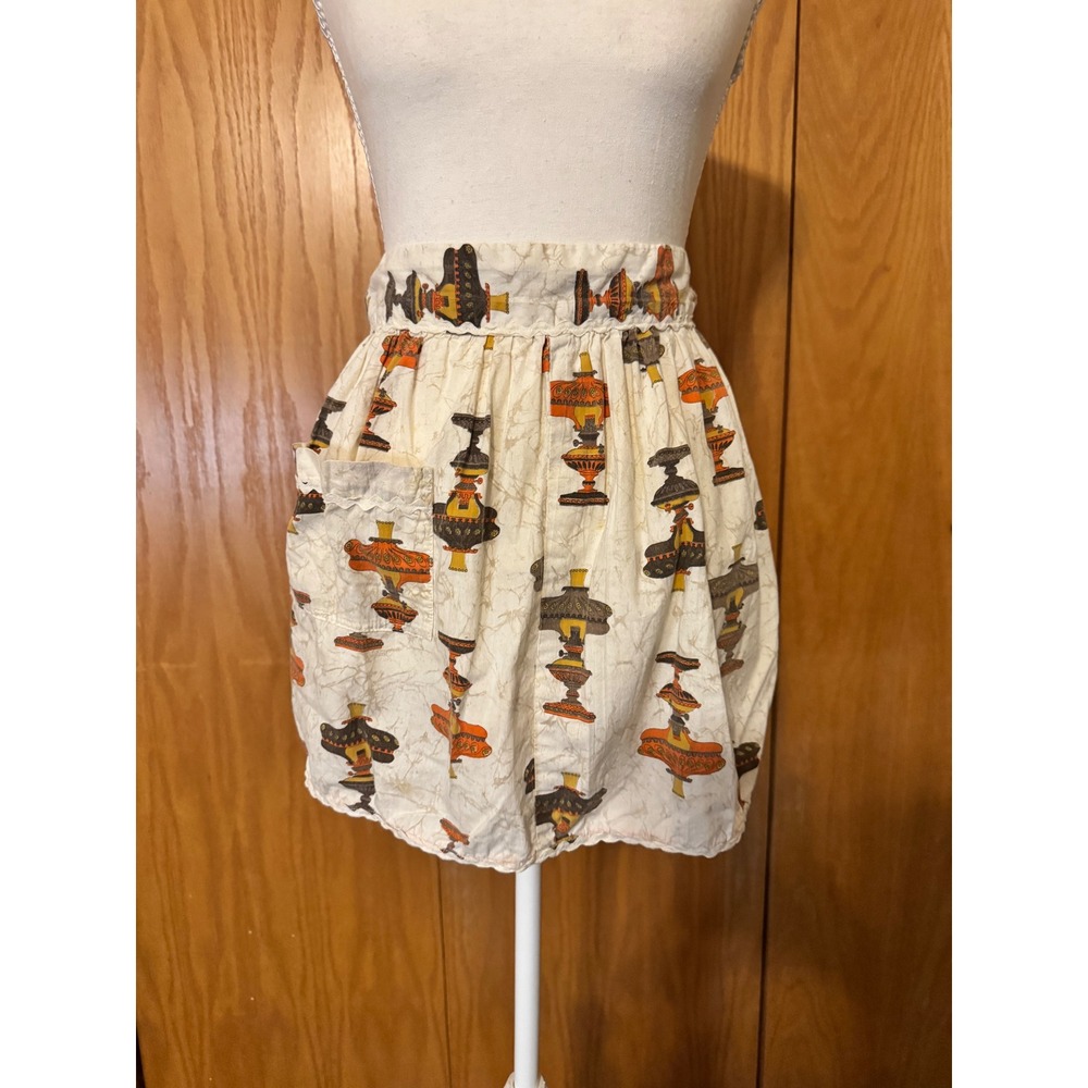Vintage Handmade Half Apron Retro Oil Lamp Novelty Print Rickrack Pocket Cream